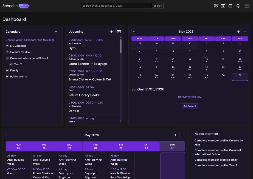 Schedlie dashboard showing calendars, upcoming events and a mini month grid